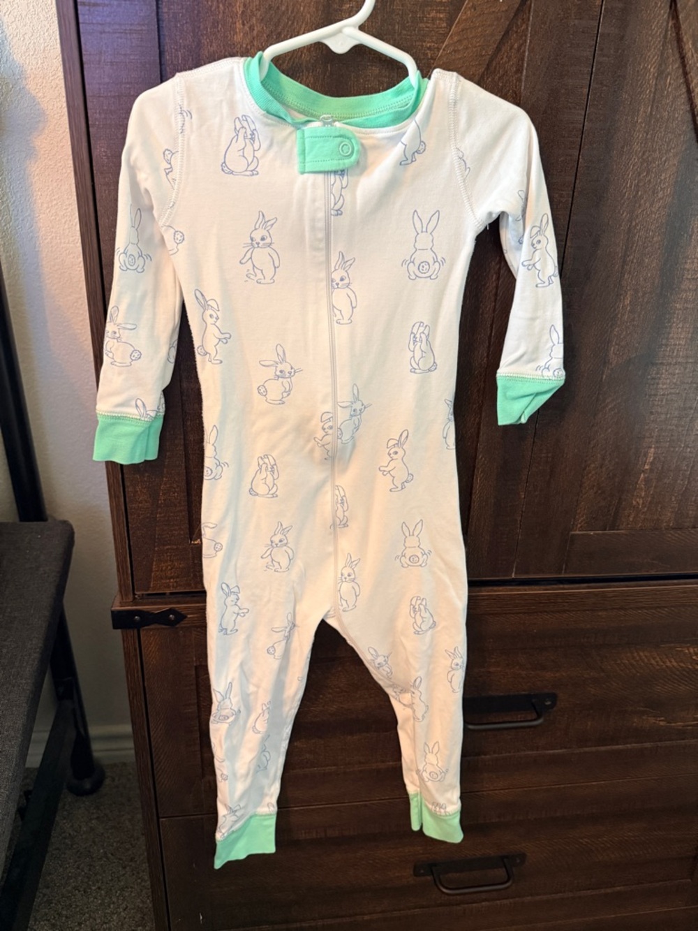 White TBBC Pajamas with Mint Trim and Bunny Print